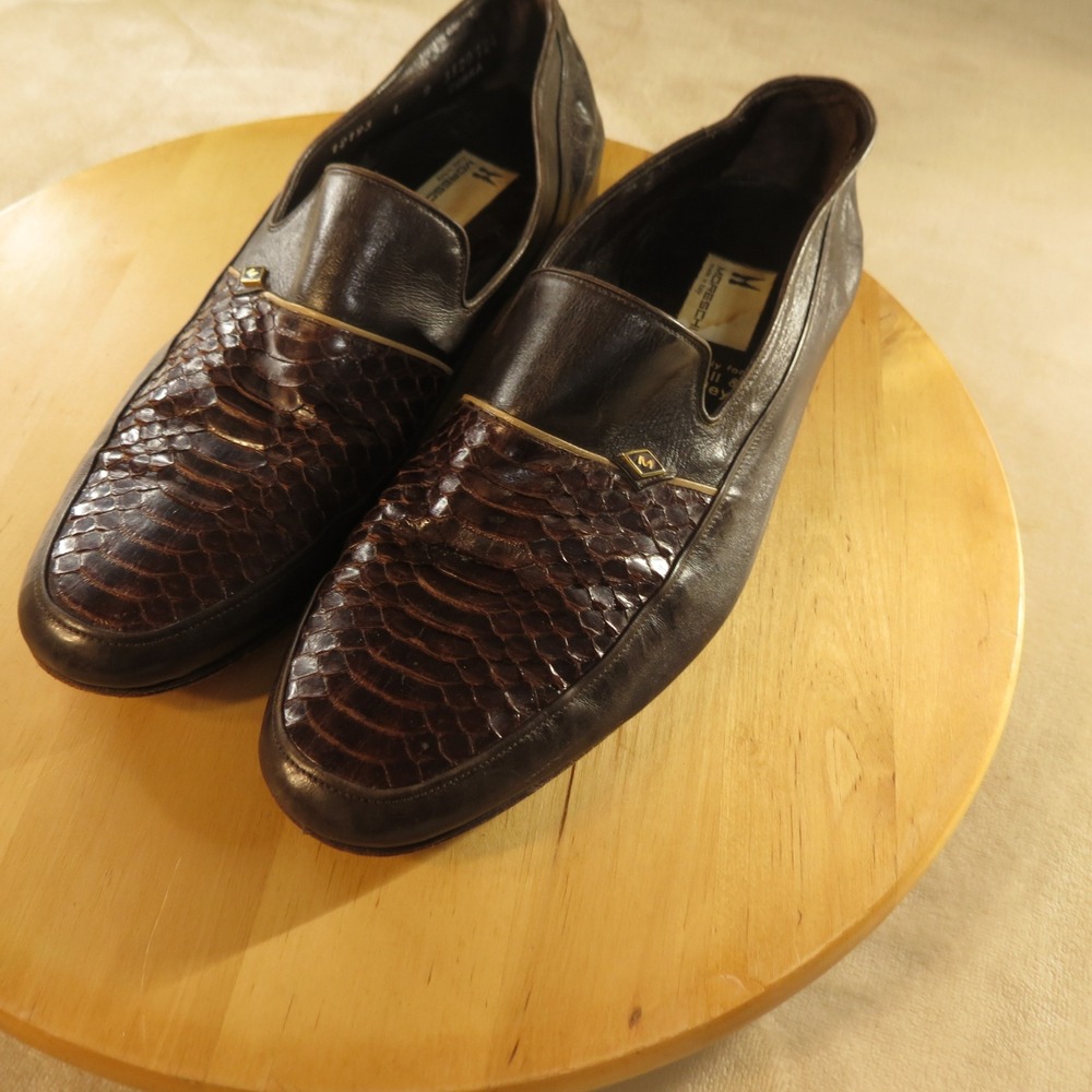 Vintage Moreschi Loafers Mens 9 Dark Brown Leather Snakeskin Made in Italy